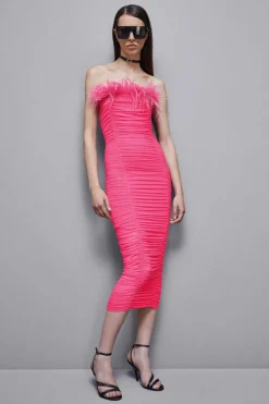 Abito midi con piume in tulle e jersey