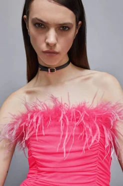 Abito midi con piume in tulle e jersey