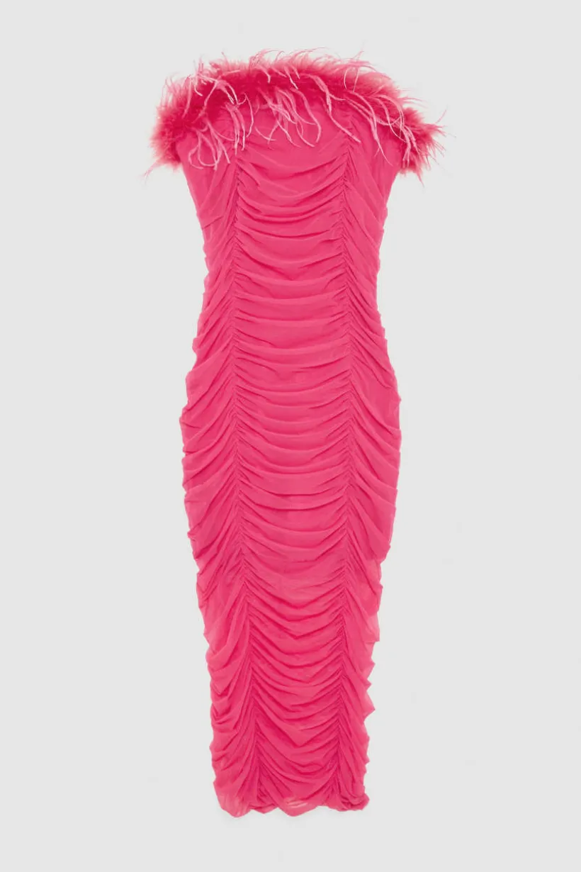 Abito midi con piume in tulle e jersey