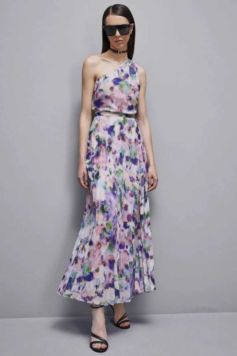 Abito plissè monospalla in chiffon