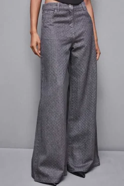Jeans grigio vita bassa wide leg con strass