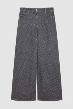 Jeans grigio vita bassa wide leg con strass