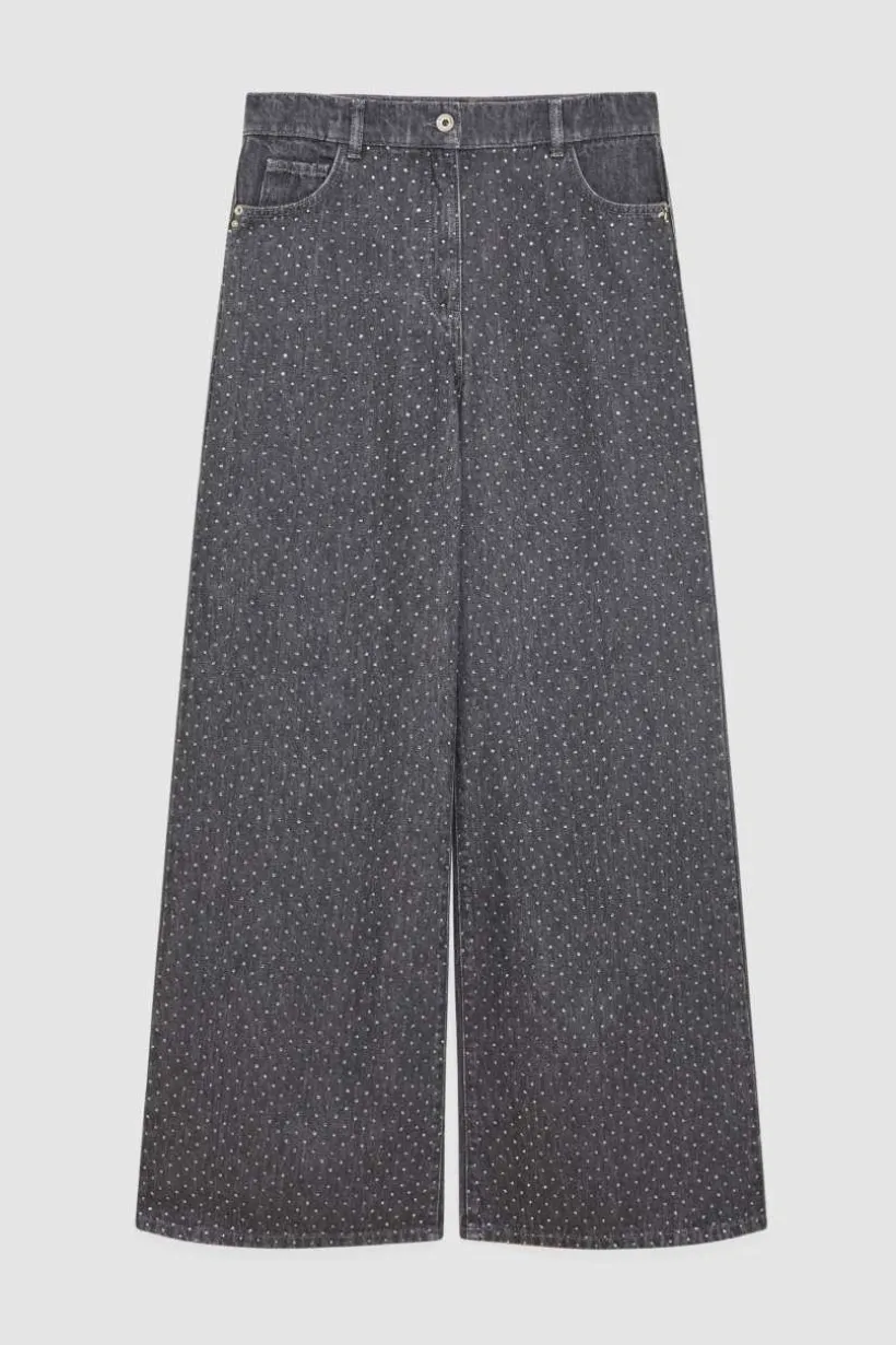 Jeans grigio vita bassa wide leg con strass